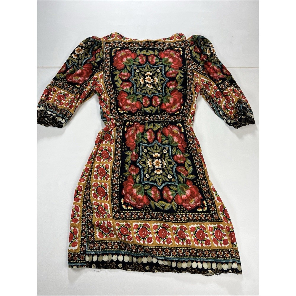 FARM Rio Floral Wrap Mini Dress V-Neck Puff Sleeve Pattern Tapestry Womens S - Picture 11 of 16